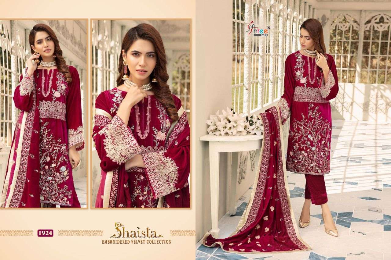 SHREE FABS PRESENTS SHAISTA PURE VELVET EMBROIDERY WHOLESALE PAKISTANI SUITS